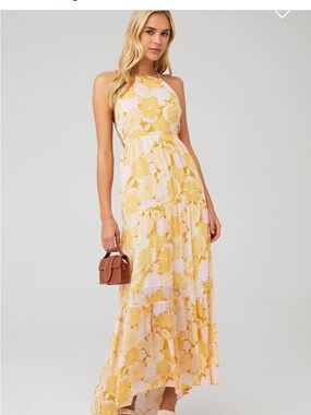 MINKPINK Brianna Midi Dress Yellow Floral Backless Tie Maxi Size S
